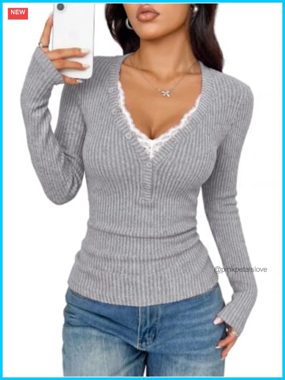 Women's Lace Trim Ribbed Knit Henley Long Sleeve Top